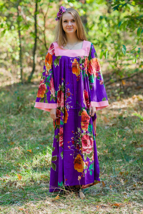 Purple Fire Maiden Style Caftan in Large Floral Blossom Pattern