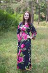 Black Button Me Down Style Caftan in Large Fuchsia Floral Blossom Pattern