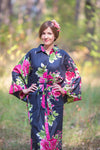 Black Oriental Delight Style Caftan in Large Fuchsia Floral Blossom Pattern
