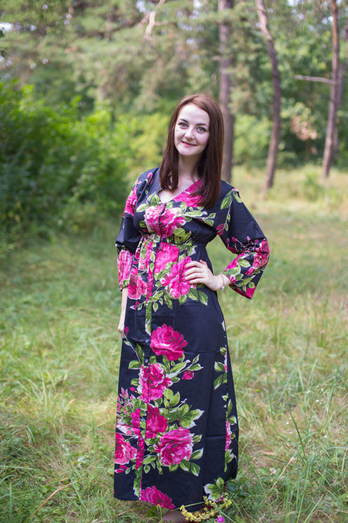 Black Button Me Down Style Caftan in Large Fuchsia Floral Blossom Pattern