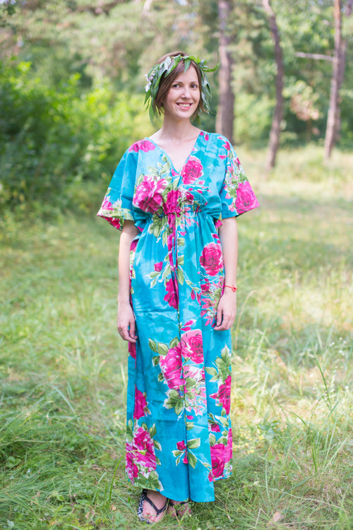 Blue Timeless Style Caftan in Large Fuchsia Floral Blossom Pattern|Blue Timeless Style Caftan in Large Fuchsia Floral Blossom Pattern|Large Fuchsia Floral Blossom