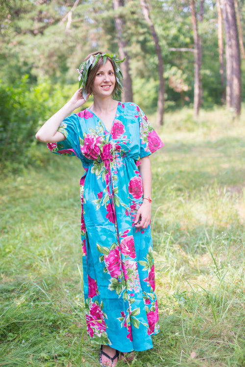 Blue Timeless Style Caftan in Large Fuchsia Floral Blossom Pattern
