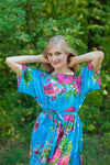 Blue Mademoiselle Style Caftan in Large Fuchsia Floral Blossom Pattern