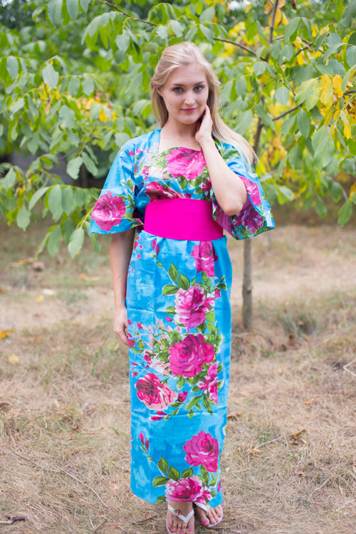 Blue Beauty, Belt and Beyond Style Caftan in Large Fuchsia Floral Blossom