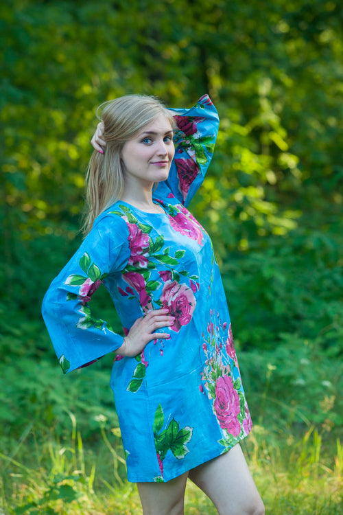 Blue Sun and Sand Style Caftan in Large Fuchsia Floral Blossom Pattern