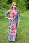 Gray Simply Elegant Style Caftan in Large Fuchsia Floral Blossom Pattern