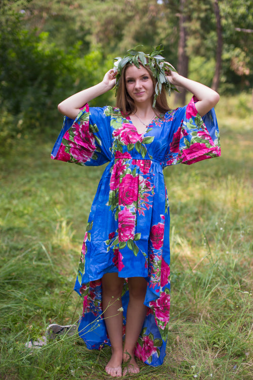 Indigo Blue High Low Wind Flow Style Caftan in Large Fuchsia Floral Blossom Pattern