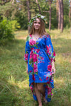 Indigo Blue High Low Wind Flow Style Caftan in Large Fuchsia Floral Blossom Pattern