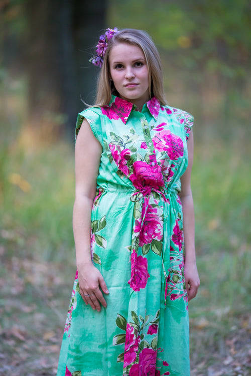 Mint Cool Summer Style Caftan in Large Fuchsia Floral Blossom Pattern