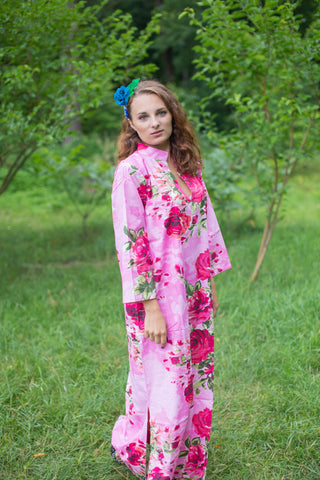 Pink Mandarin On My Mind Style Caftan in Large Fuchsia Floral Blossom Pattern