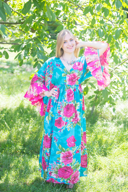Teal Pretty Princess Style Caftan in Large Fuchsia Floral Blossom Pattern