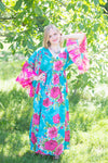 Teal Pretty Princess Style Caftan in Large Fuchsia Floral Blossom Pattern