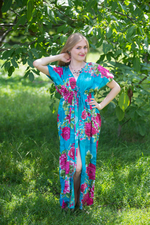 Teal Beach Days Style Caftan in Large Fuchsia Floral Blossom