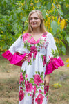 White Frill Lovers Style Caftan in Large Fuchsia Floral Blossom Pattern