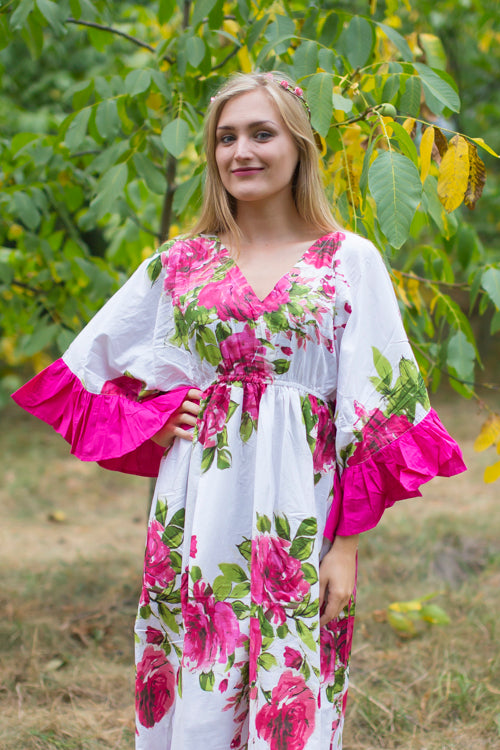 White Frill Lovers Style Caftan in Large Fuchsia Floral Blossom Pattern|Large Fuchsia Floral Blossom|White Frill Lovers Style Caftan in Large Fuchsia Floral Blossom Pattern