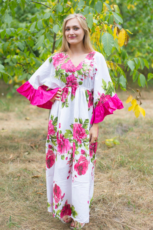 White Pretty Princess Style Caftan in Large Fuchsia Floral Blossom Pattern