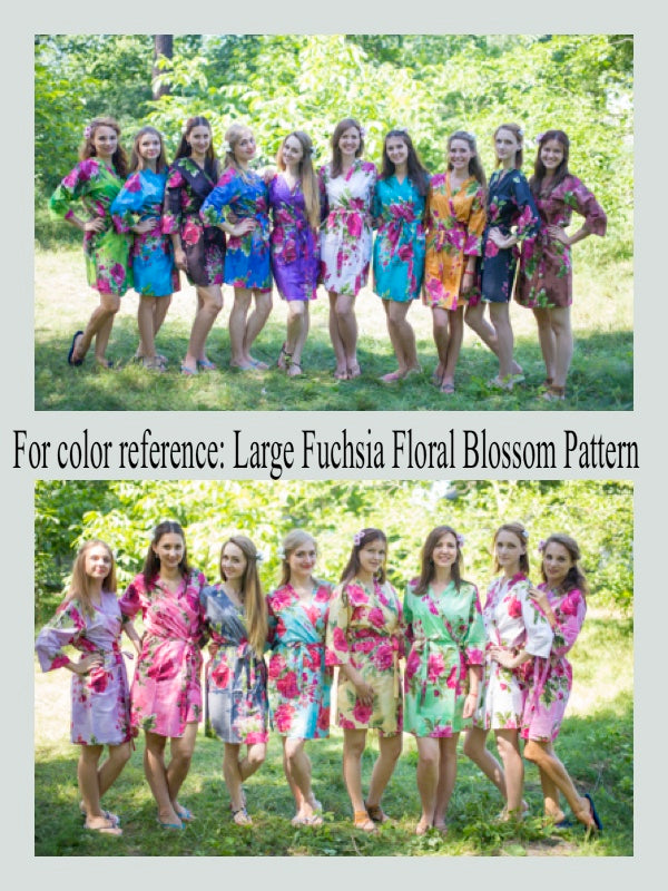 Mismatched Large Fuchsia Floral Blossom Patterned Bridesmaids Robes in Soft Tones