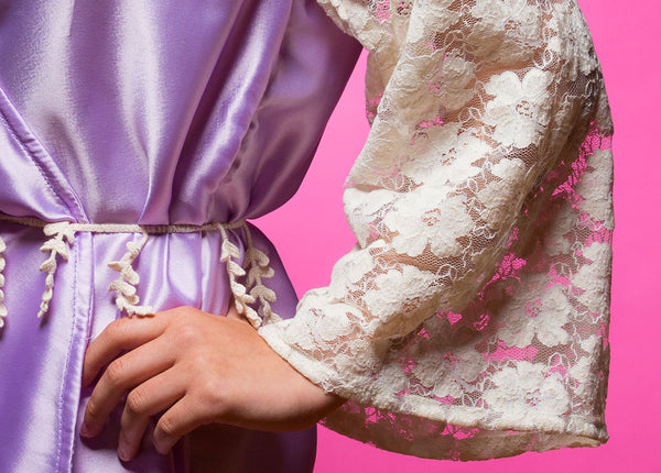 Lavender Satin Robe with full-length Lace Sleeves