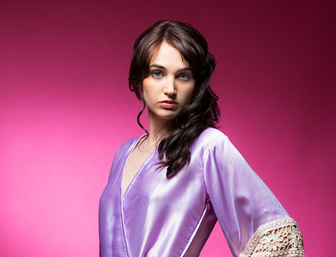 Lavender Satin Robe with Lace Accented Cuffs