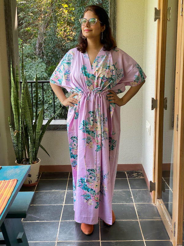 Blooming Flowers V-Neck, Cinched Waist Ankle Length Caftan