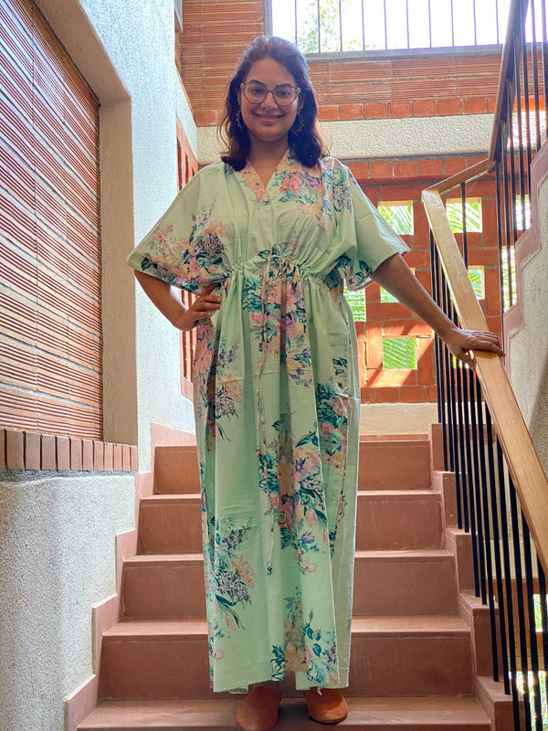 Blooming Flowers V-Neck, Cinched Waist Ankle Length Caftan