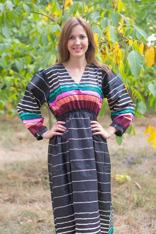 Black Shape Me Pretty Style Caftan in Multicolored Stripes Pattern