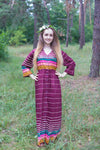 Burgundy Button Me Down Style Caftan in Multicolored Stripes Pattern