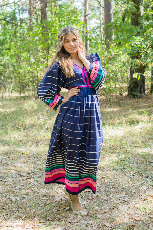 Dark Blue My Peasant Dress Style Caftan in Multicolored Stripes Pattern Dark Blue My Peasant Dress Style Caftan in Multicolored Stripes Pattern