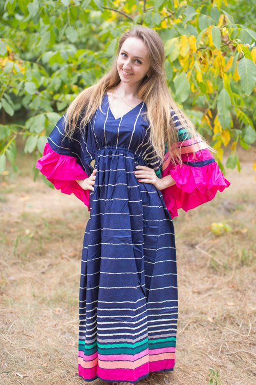Dark Blue Pretty Princess Style Caftan in Multicolored Stripes Pattern
