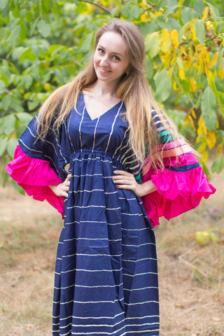 Dark Blue Pretty Princess Style Caftan in Multicolored Stripes Pattern