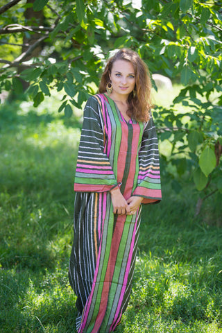 Green The Glow-within Style Caftan in Multicolored Stripes Pattern