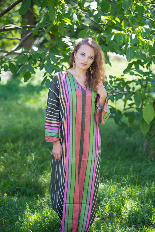 Green The Glow-within Style Caftan in Multicolored Stripes Pattern
