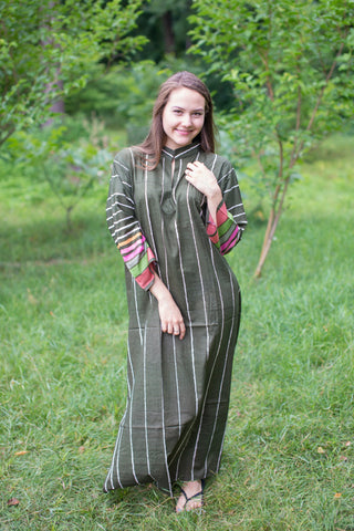 Green Mandarin On My Mind Style Caftan in Multicolored Stripes Pattern