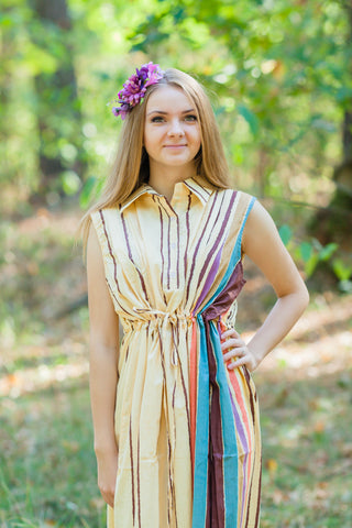 Light Yellow Cool Summer Style Caftan in Multicolored Stripes Pattern