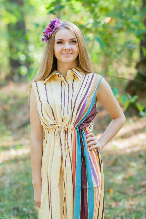 Light Yellow Cool Summer Style Caftan in Multicolored Stripes Pattern