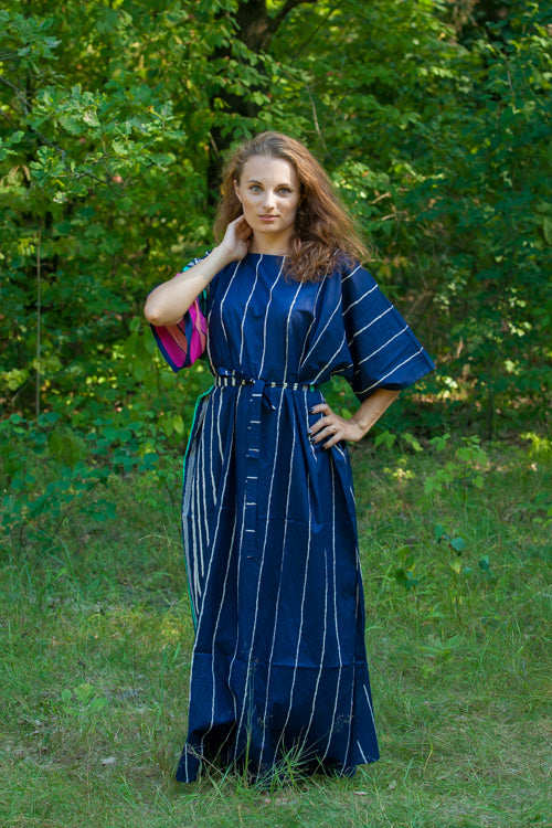 Navy Blue Mademoiselle Style Caftan in Multicolored Stripes Pattern