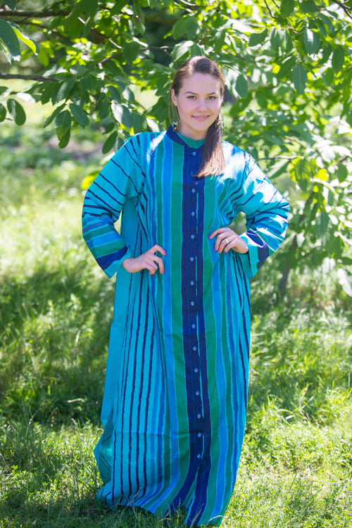 Teal Charming Collars Style Caftan in Multicolored Stripes Pattern|Teal Charming Collars Style Caftan in Multicolored Stripes Pattern|Multicolored Stripes