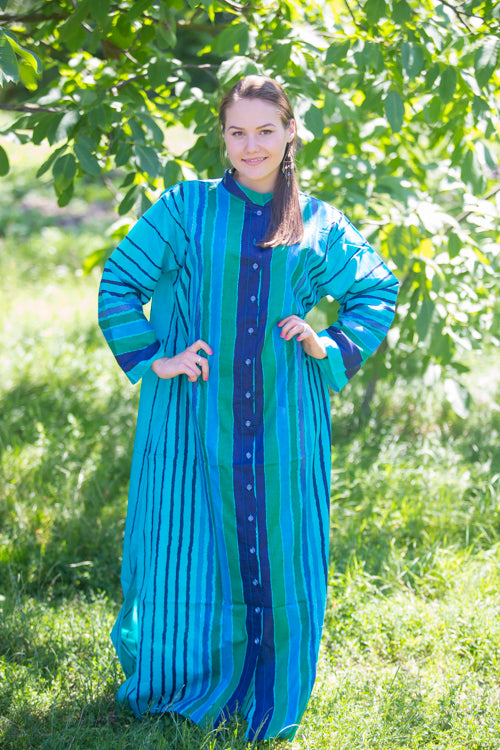 Teal Charming Collars Style Caftan in Multicolored Stripes Pattern