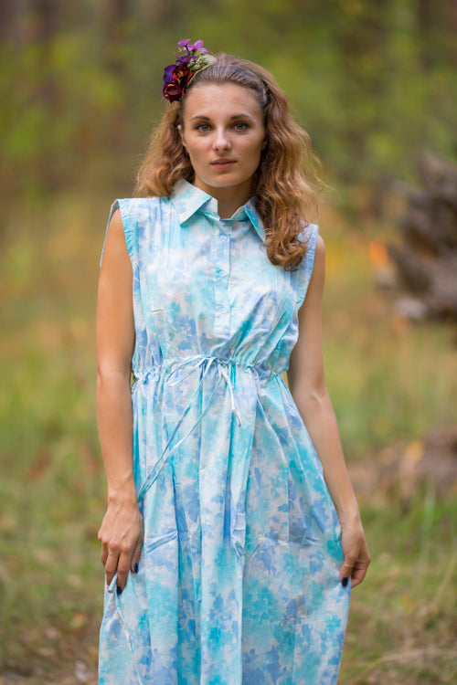Light Blue Cool Summer Style Caftan in Ombre Fading Leaves Pattern|Light Blue Cool Summer Style Caftan in Ombre Fading Leaves Pattern|Ombre Fading Leaves