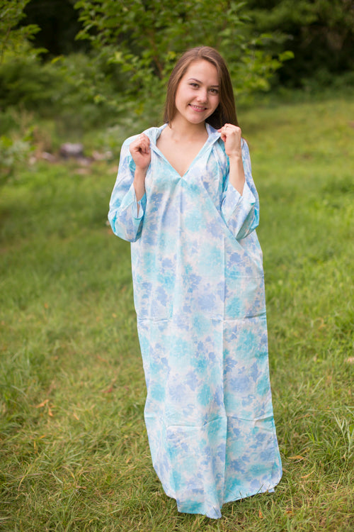 Light Blue Mandarin On My Mind Style Caftan in Ombre Fading Leaves Pattern