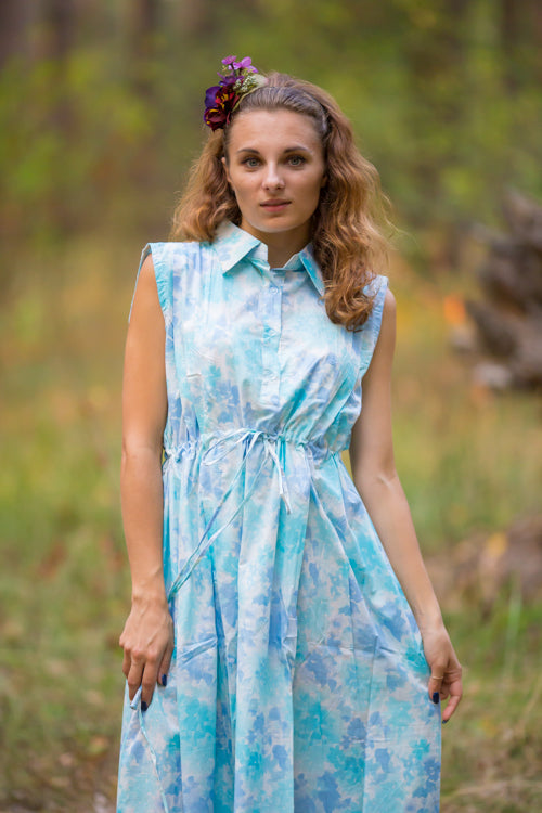 Light Blue Cool Summer Style Caftan in Ombre Fading Leaves Pattern