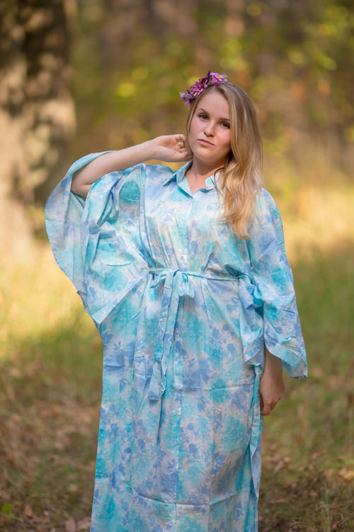 Light Blue Oriental Delight Style Caftan in Ombre Fading Leaves Pattern