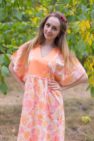 Peach Flowing River Style Caftan in Ombre Fading Leaves Pattern