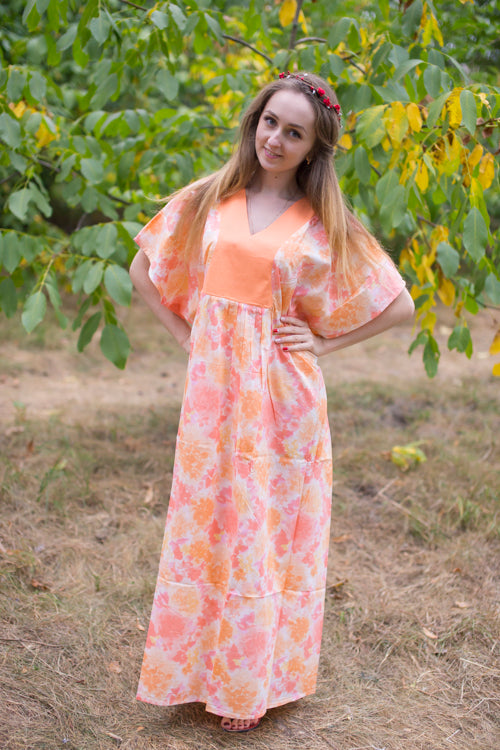 Peach Flowing River Style Caftan in Ombre Fading Leaves Pattern