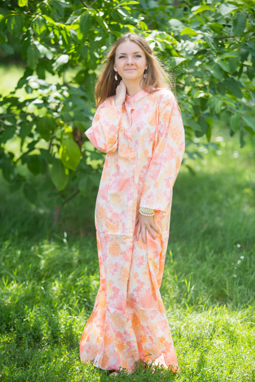 Peach Charming Collars Style Caftan in Ombre Fading Leaves Pattern