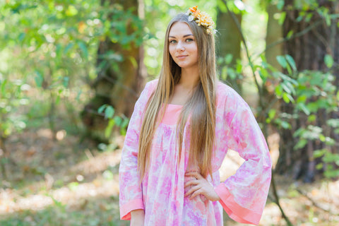 Pink Fire Maiden Style Caftan in Ombre Fading Leaves Pattern