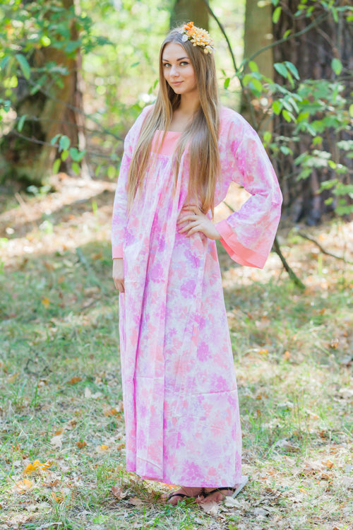 Pink Fire Maiden Style Caftan in Ombre Fading Leaves Pattern