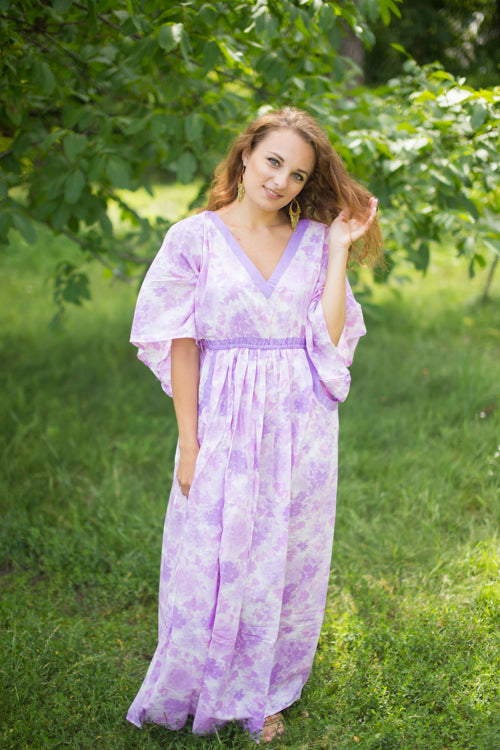 White Lilac Breezy Bohemian Style Caftan in Ombre Fading Leaves Pattern