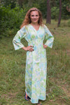 White Mint Button Me Down Style Caftan in Ombre Fading Leaves Pattern