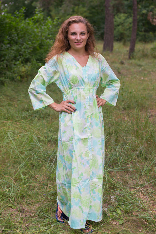 White Mint Button Me Down Style Caftan in Ombre Fading Leaves Pattern
